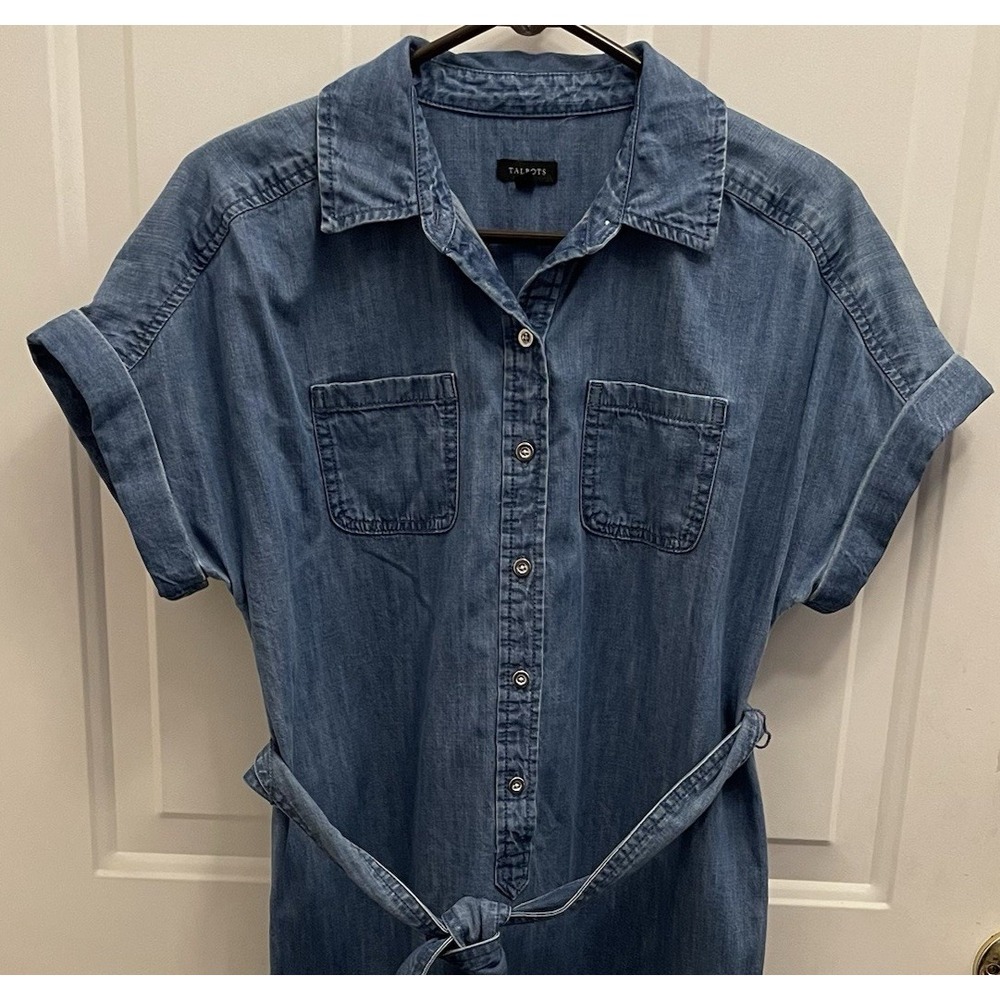 Talbots‎ Denim Shirt Dress Cotton Size 4 Short Sleeve Belted Preppy Minimalist